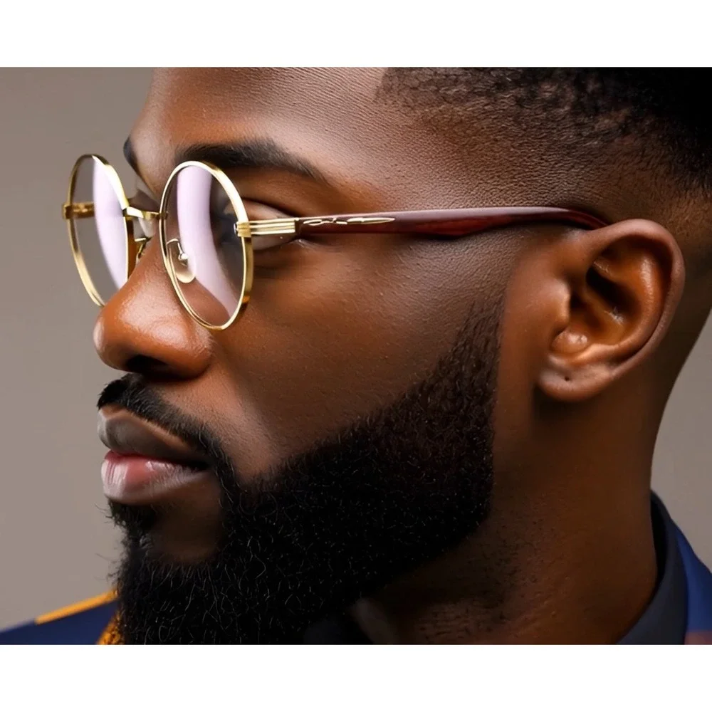 Round Glasses Gold Frame Wood Accent Clear Lens‎ Men's Fashion Hip Hop Festival
